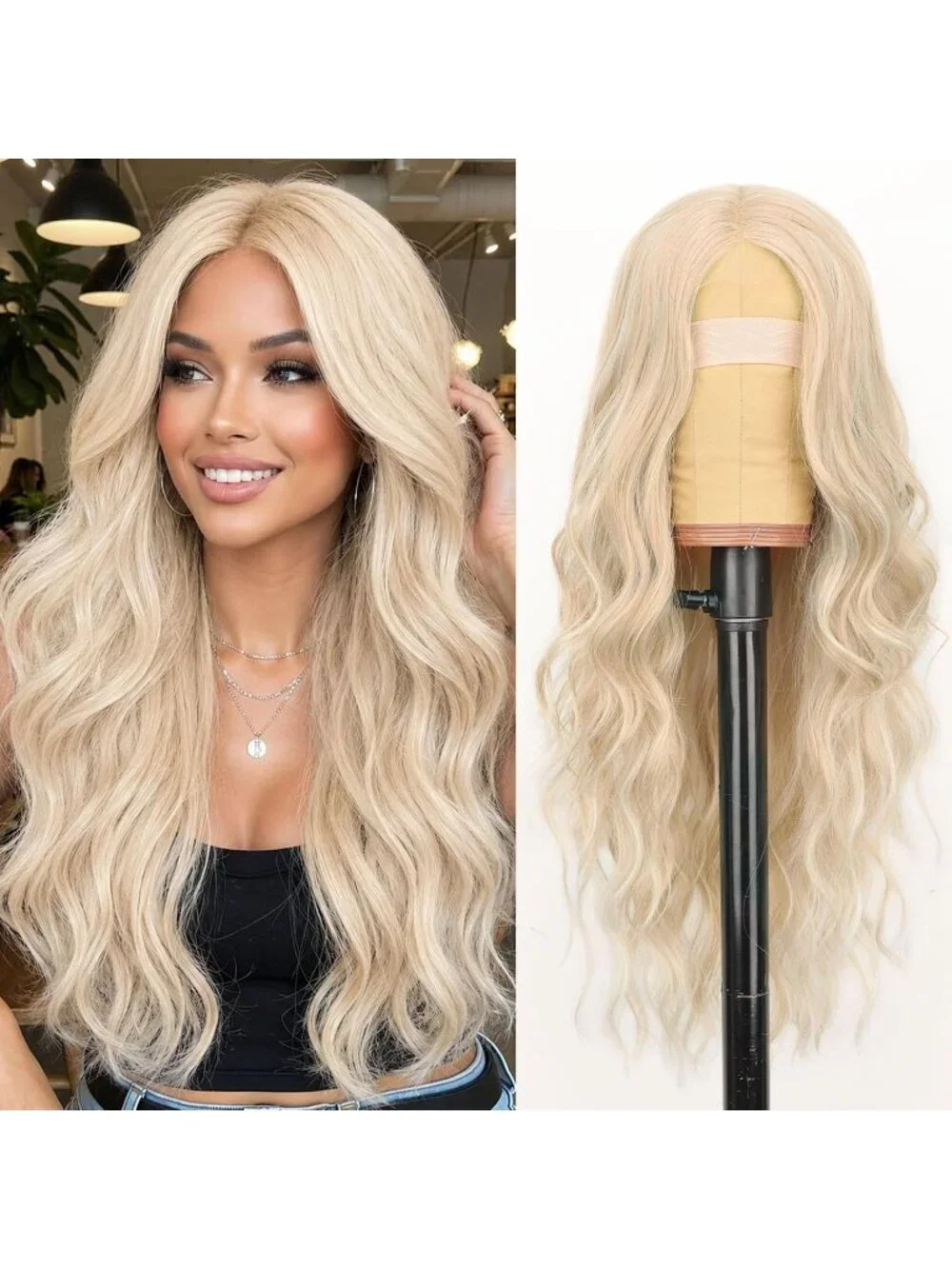 Women's Platinum Blonde Lace Hairline 26 Inch Synthetic Heat Resistant Wavy Wigs